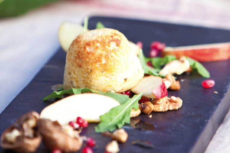 Cheese soufflés with apple, walnut and pomegranate salad