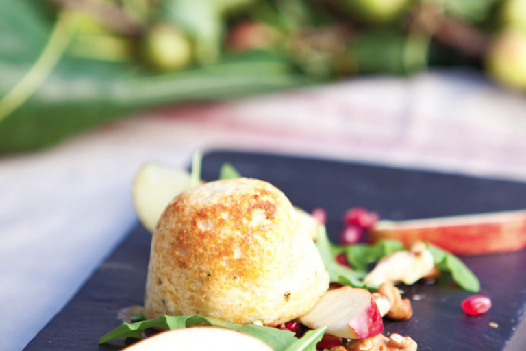 Cheese soufflés with apple, walnut and pomegranate salad