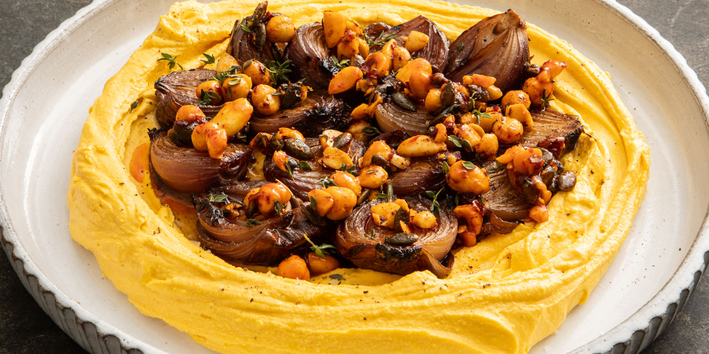 Whole Baked Red Onions with Whipped Goat’s Cheese, Pumpkin and Buttery Spice Roasted Seeds Recipe - 