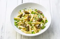 Penne with morels, broad beans, English peas, ricotta and preserved lemon