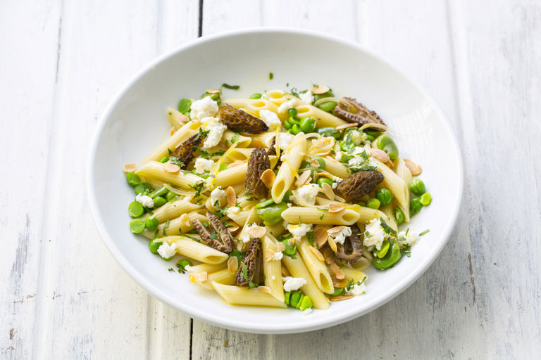 Penne with morels, broad beans, English peas, ricotta and preserved lemon