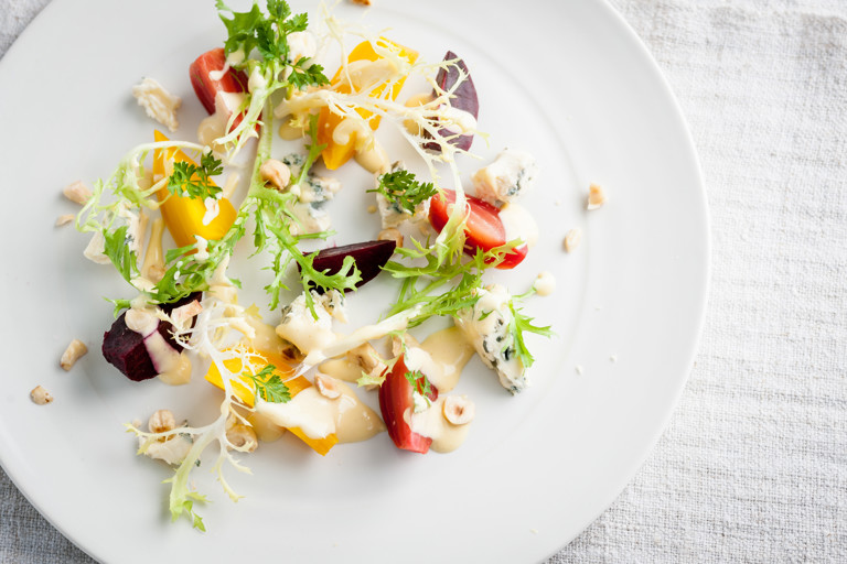 Roasted baby beetroots with hazelnuts, blue cheese and mustard