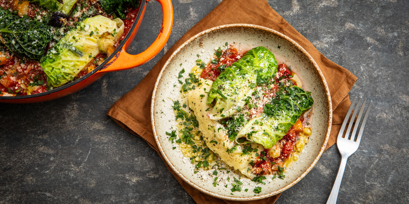 Stuffed Cabbage Leaves with Mashed Potatoes and Tomato Fondue Recipe - Great British Chefs