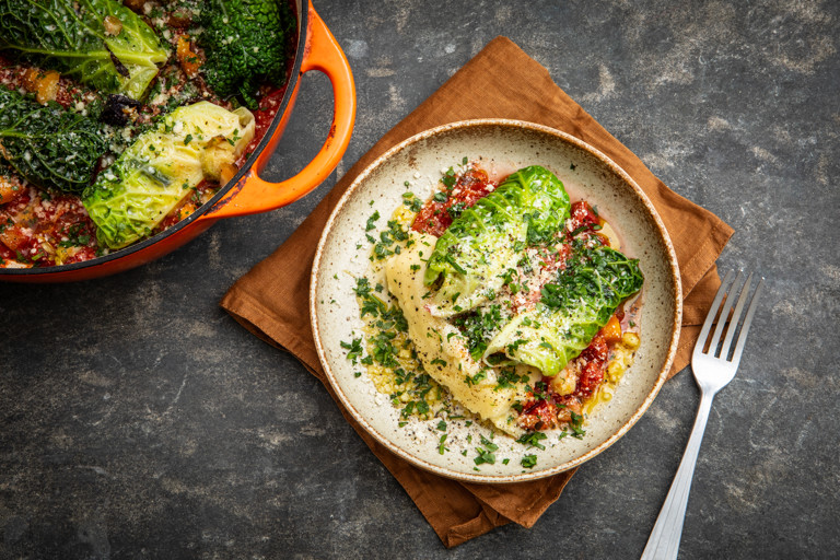 Stuffed cabbage leaves with mashed potatoes and tomato fondue