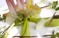 Avocado and asparagus salad, Bellota ham, lemon oil dressing