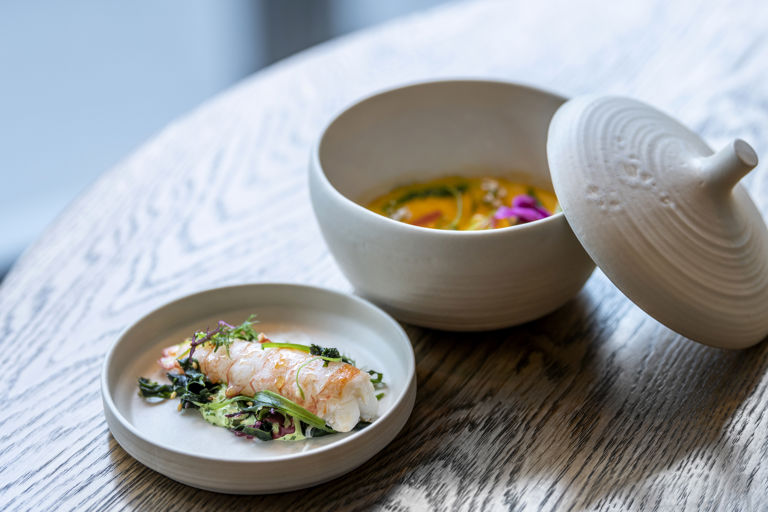 Steamed langoustine with seaweed salad and custard of the shell