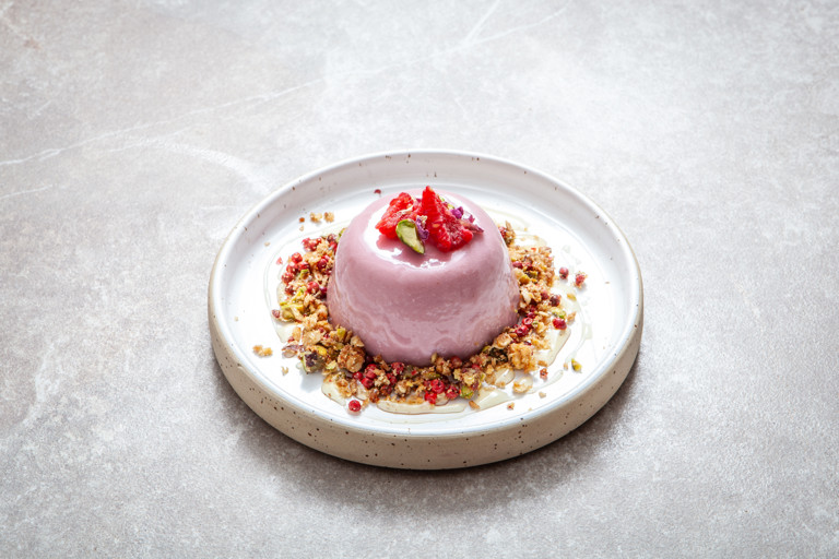 Hibiscus and rose panna cotta with pink peppercorn crumble