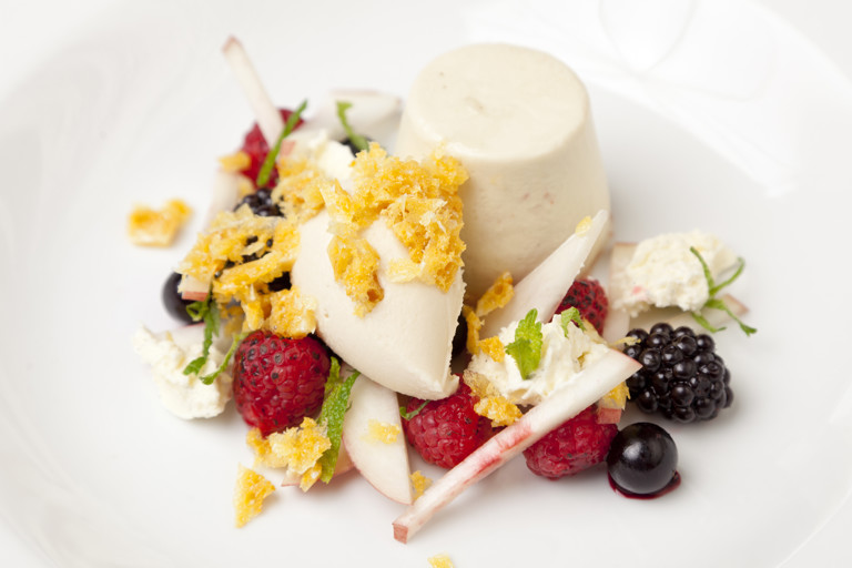 Mugwort panna cotta, blowtorched berries, whipped cream, roast peach ice cream and honeycomb