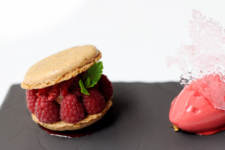Hazelnut macarons with raspberry sorbet and rose opaline
