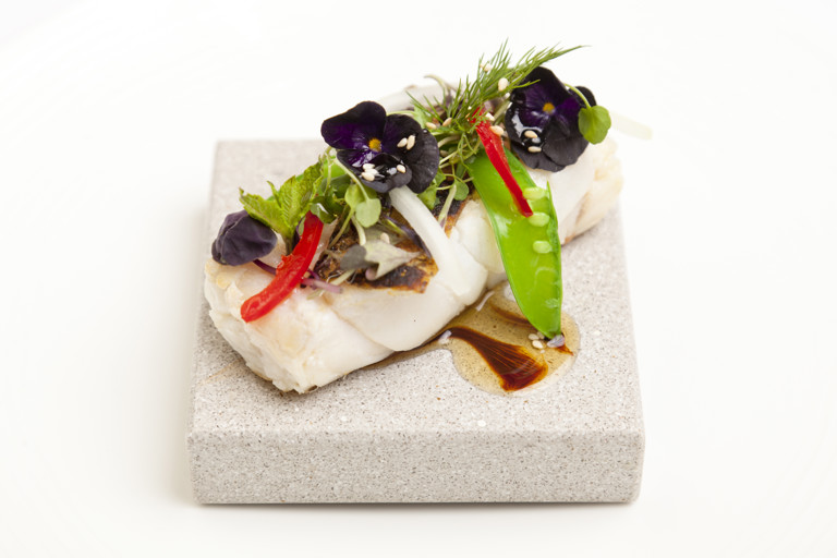 Alaska black cod with pea shoots, mint and Thai dressing