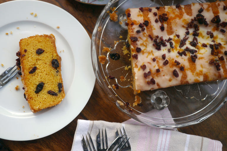 Gluten free clementine and cranberry drizzle cake