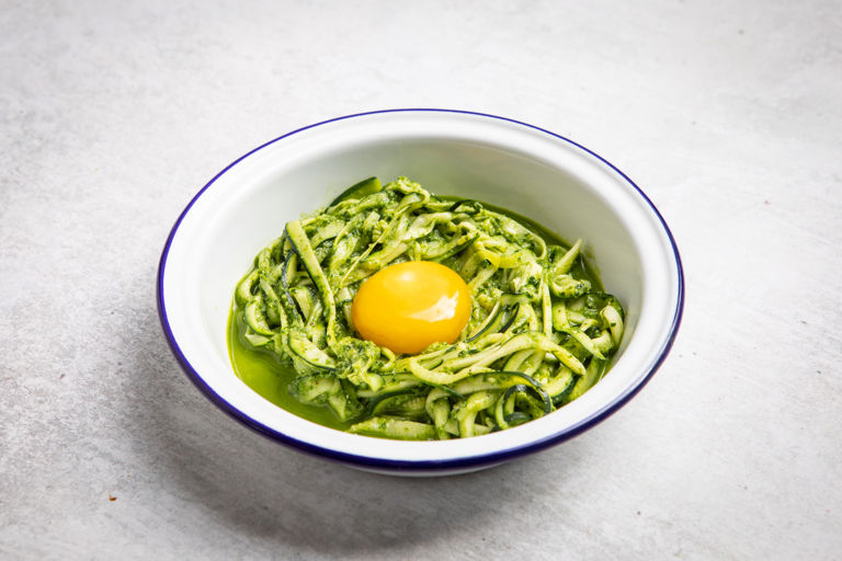 Kale pesto courgetti with salt-cured egg yolk