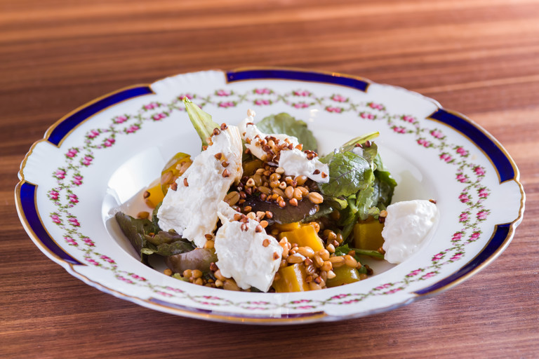 Smoked burrata with golden beetroot, grains and pickled greengages