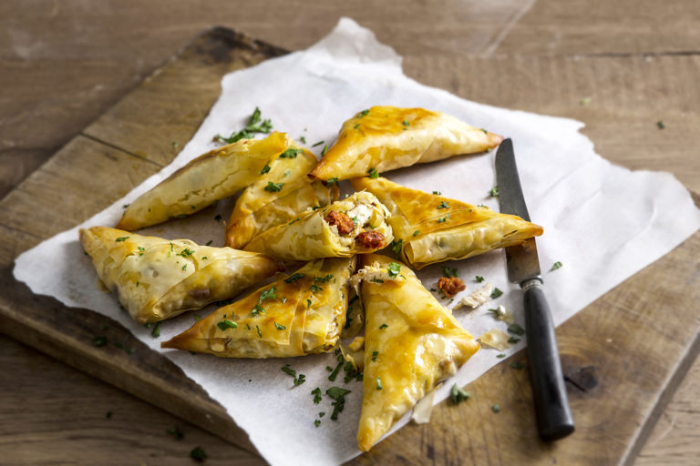 Chicken, manchego and chorizo briouats