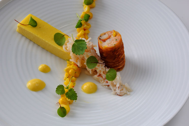 Sweetcorn panna cotta with crab cannelloni