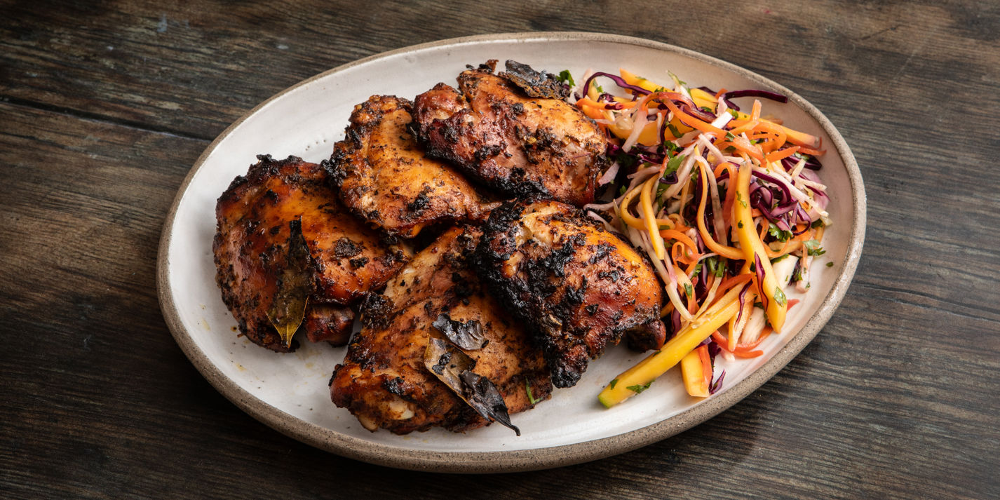 Jerk Chicken with Mango Coleslaw and Hot Sauce Recipe - Great British Chefs