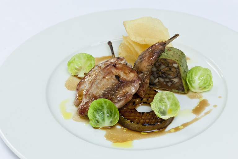 Partridge with pears and Christmas stuffing