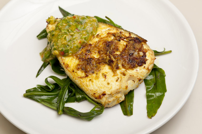 Ajowan, turmeric and coriander marinated Alaska halibut with mango nam prik