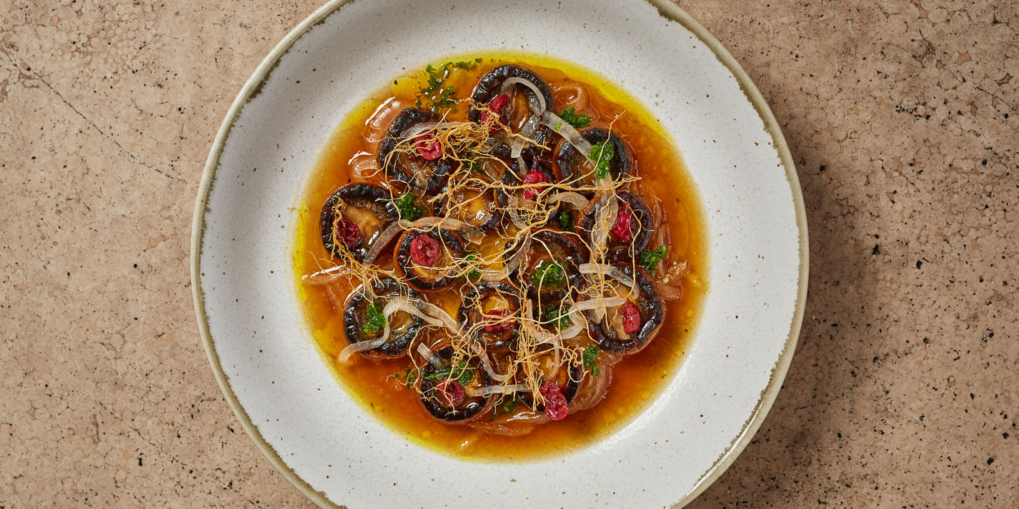 Mushrooms in Dashi with Sour Onions and Gooseberry 'Boshi' Recipe - Great British Chefs