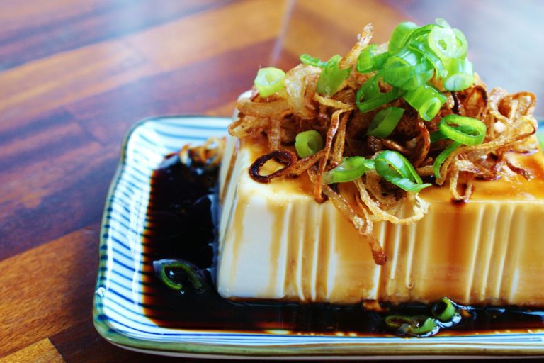 Chilled silken tofu with crispy shallots