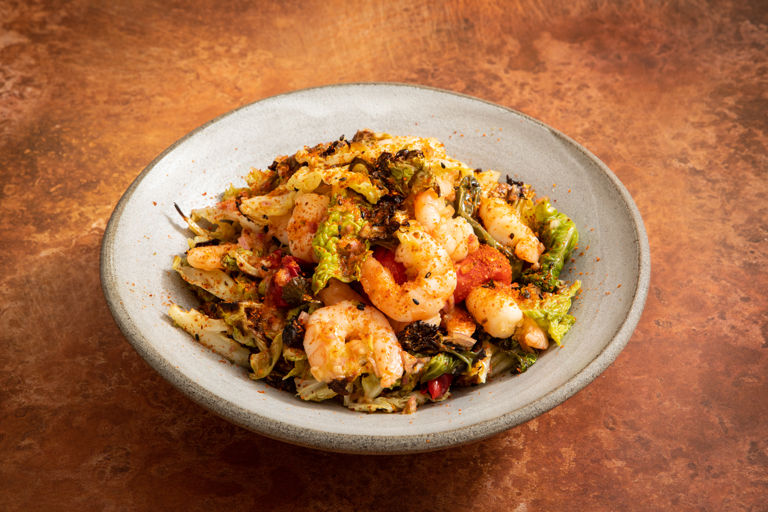 Prawn and charred cabbage salad with shichimi togarashi