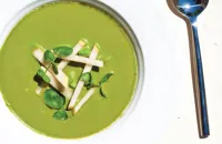 Chilled watercress soup with dressed Asian pear and garden peas