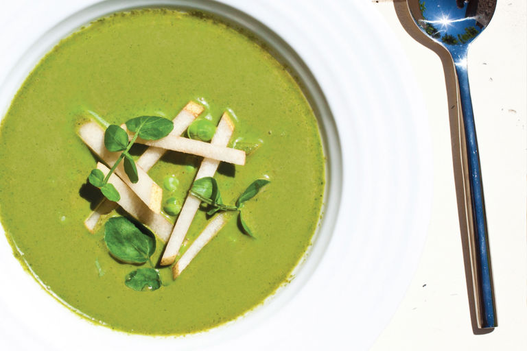 Chilled watercress soup with dressed Asian pear and garden peas