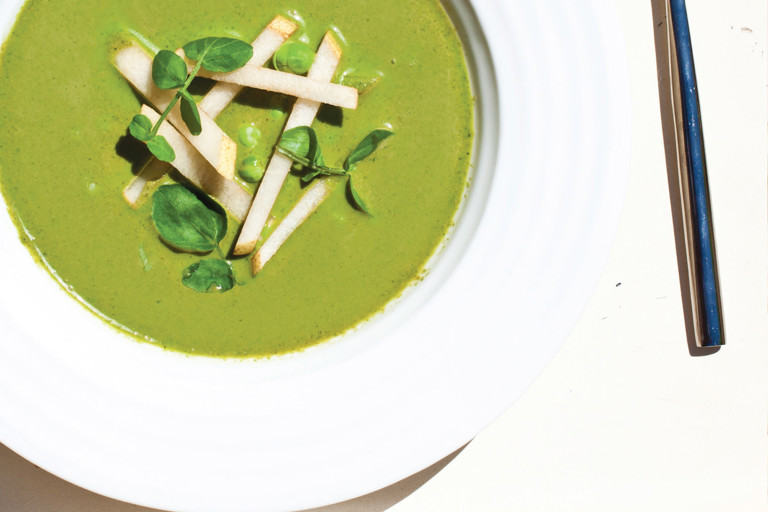 Chilled watercress soup with dressed Asian pear and garden peas
