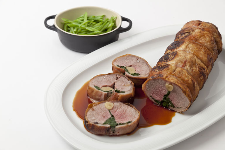 Stuffed saddle of Lune Valley lamb with buttered runner beans