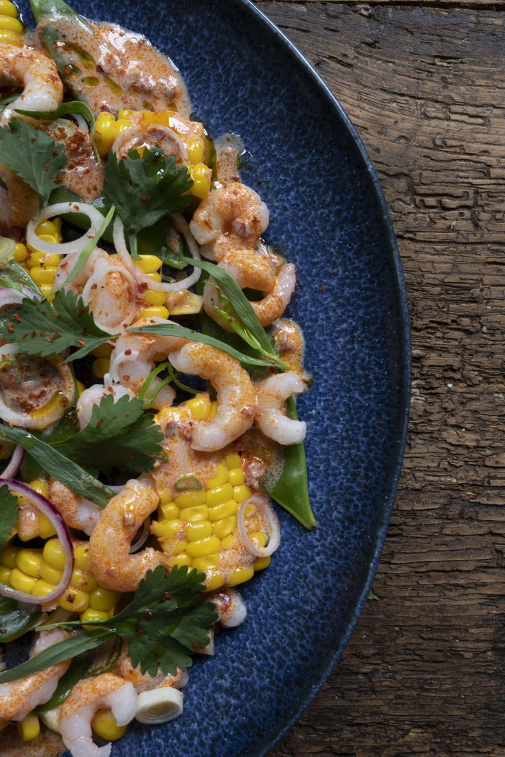 Coldwater Prawn and Sweetcorn Salad with a Harissa, Lime and