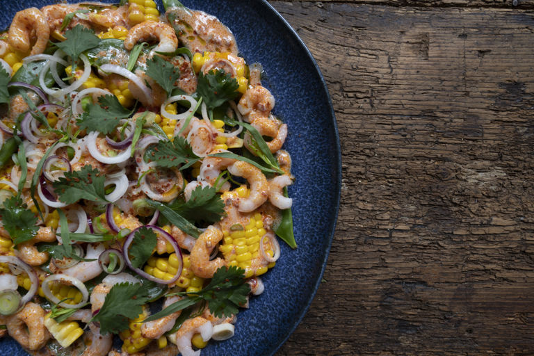 Cold-water prawn and sweetcorn salad with a harissa, lime and buttermilk dressing