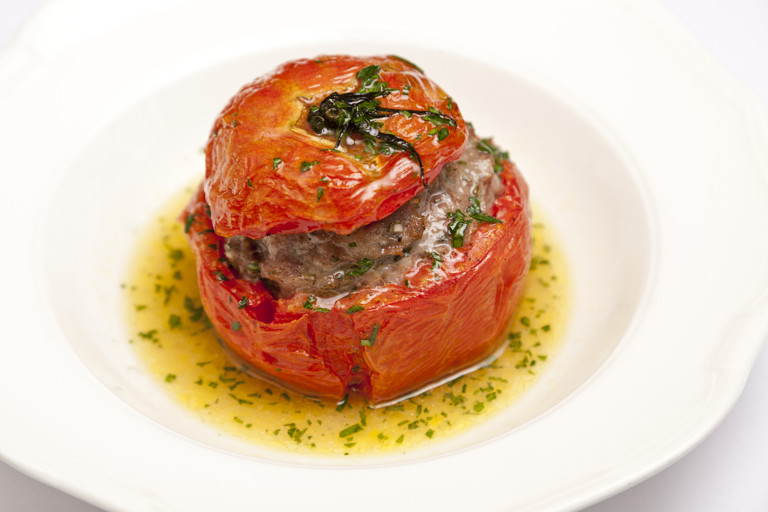 Tomato farcies (Toulouse sausage stuffed tomato)