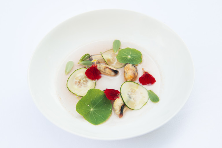 Soup with mussels and watermelon