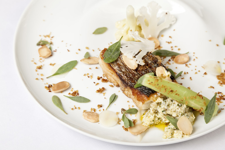 Sea bass with cauliflower textures and polonaise sauce