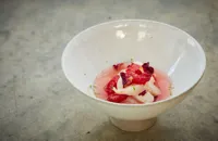 Lychee and raspberry salad with raspberry rose elixir