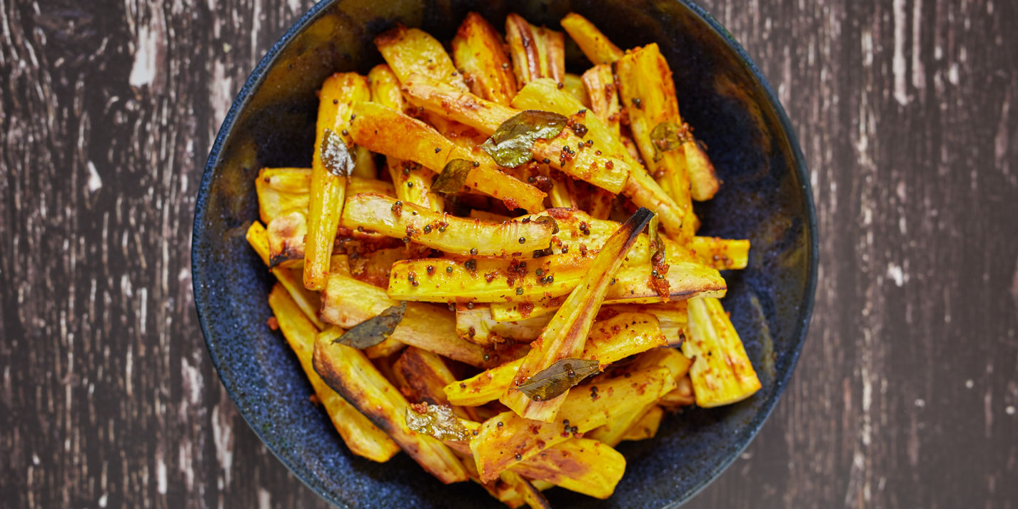 Turmeric and curry leaf parsnips