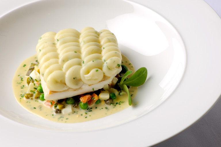 Fish pie with warm tartare sauce