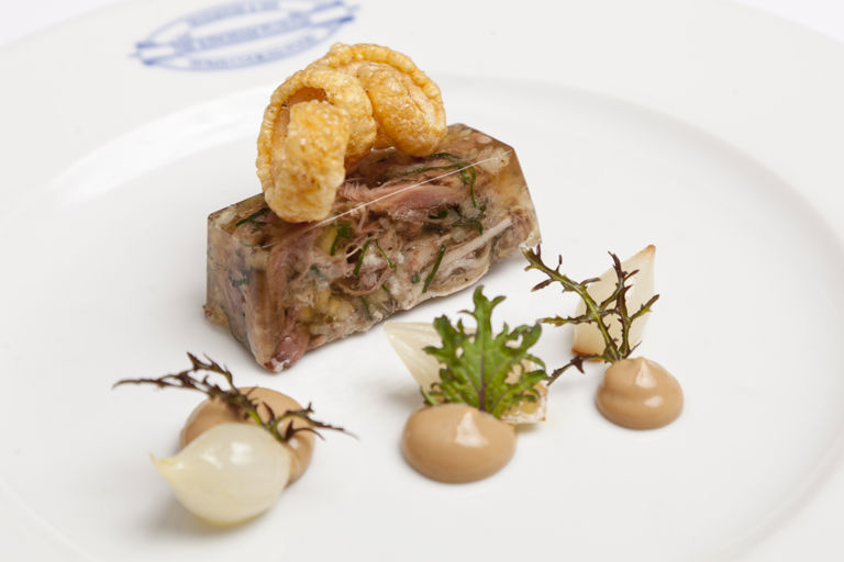 Pressed pig's head terrine with homemade mustard and pickles