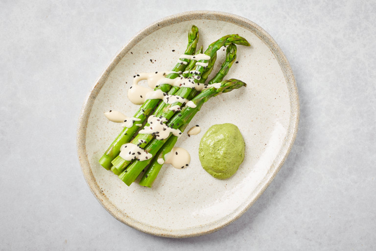 Asparagus with Tahini Verde and Miso Aioli Recipe - Great British Chefs
