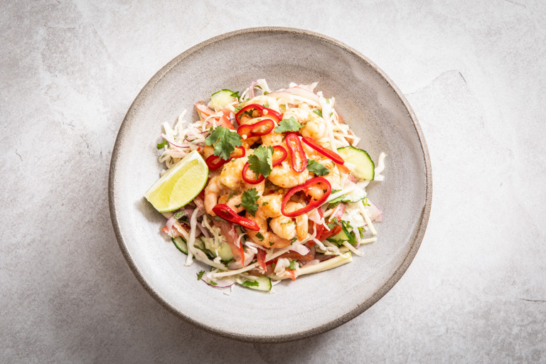 White cabbage kachumber with mango and chilli chutney prawns