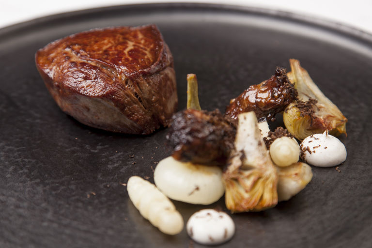 Beef fillets with braised oxtail and artichokes
