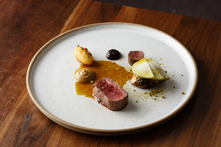 Venison loin, pear, spruce