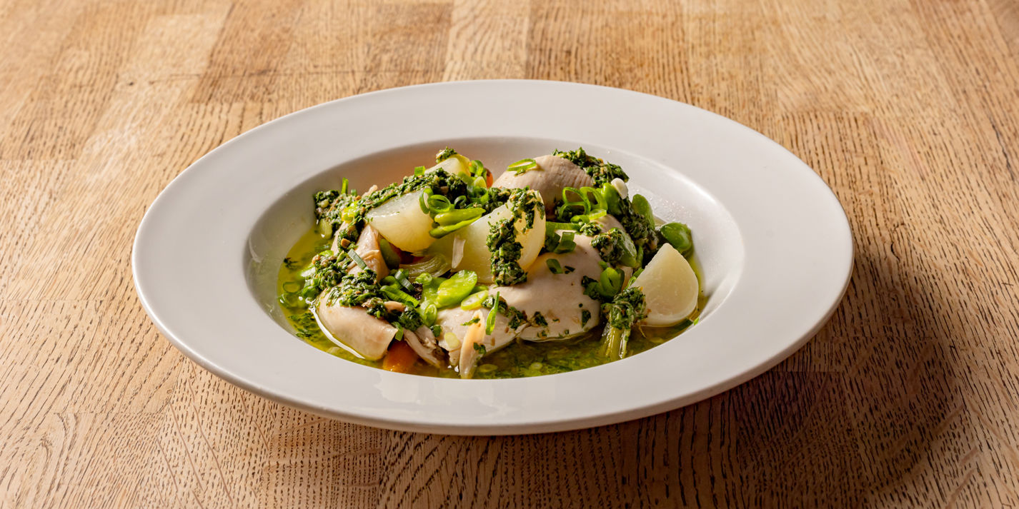Poached Chicken, Spring Vegetables and Salsa Verde Recipe - Great British Chefs