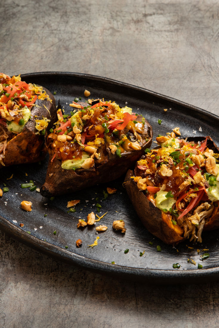 Pulled Pork Loaded Sweet Potatoes, Apple and Chilli Chutney, Lime Zest ...