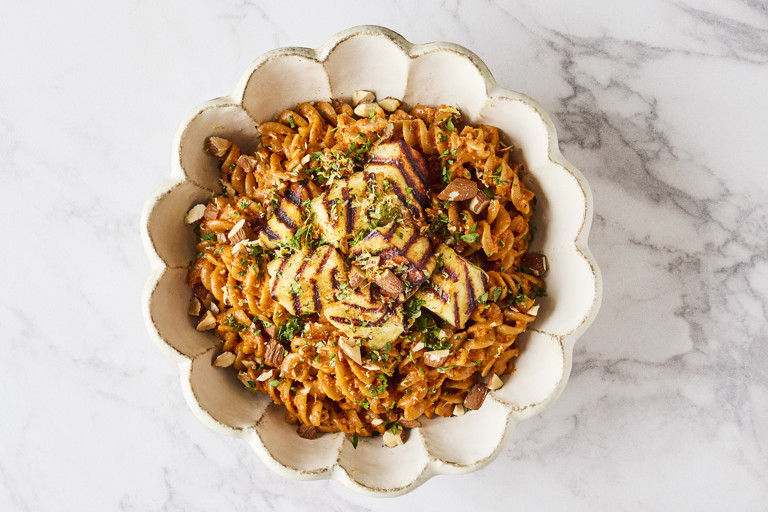 Romesco fusilli and grilled halloumi