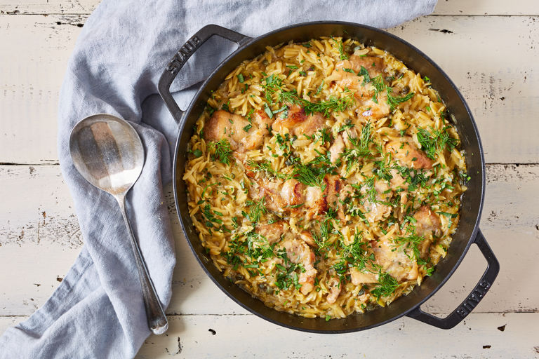 One-pot chicken baked with preserved lemon, orzo and parsley