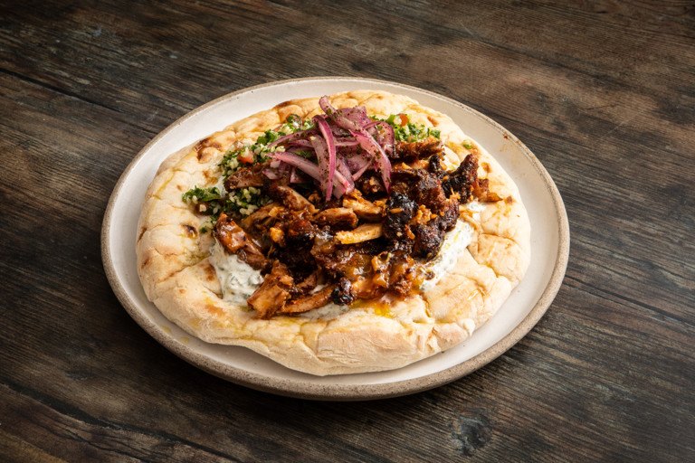 Apricot and chipotle glazed chicken shawarma with tabbouleh and sumac onions