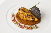 Achari pheasant, spiced aubergine, caviar and poppy seed-pheasant cake