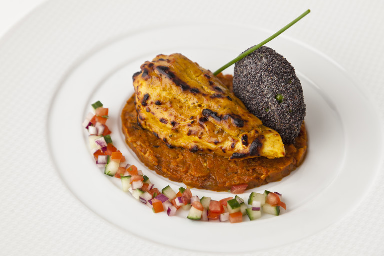 Achari pheasant, spiced aubergine, caviar and poppy seed-pheasant cake