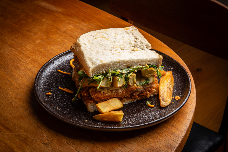 Fish finger and chip sandwich with lime pickle mayo